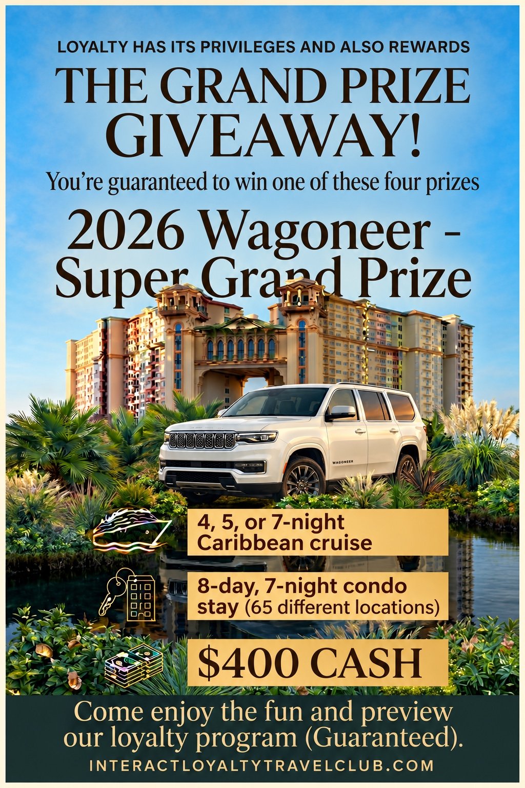 North Beach Grand Prize Giveaway flyer featuring a Wagoneer, Caribbean cruise, condo stay, and $400 cash